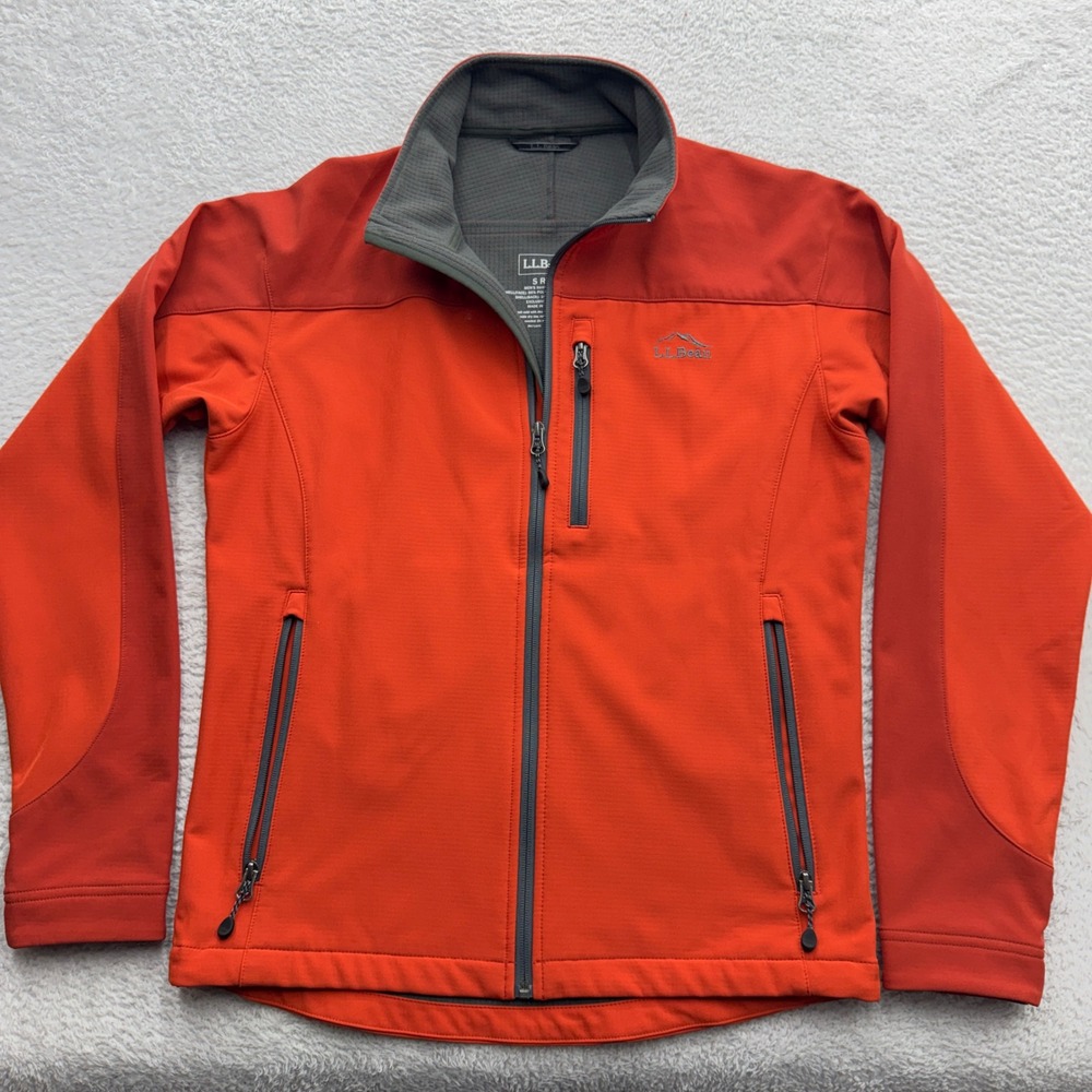 LL Bean Mens Ascent Softshell Jacket Orange Full Zip Grid Fleece S Reg 287461‎